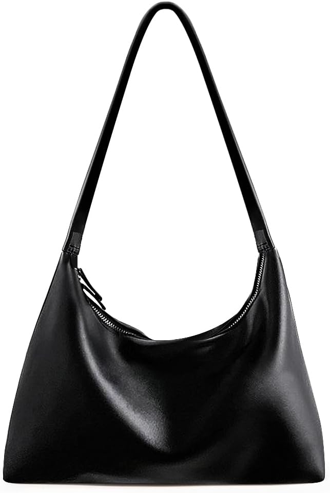 Leather Bags for Women Small Soft Shoulder Purse Slouchy Tote Handbags with Double Zipper Design