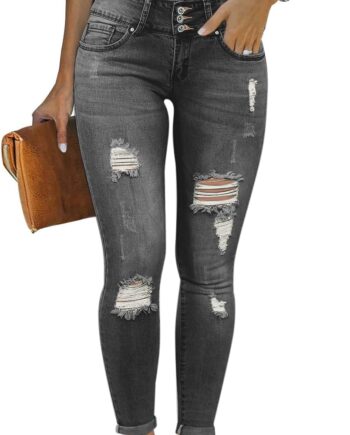 Women Skinny Ripped Trendy Jeans Distressed Stretchy Slim Fit Denim Pants