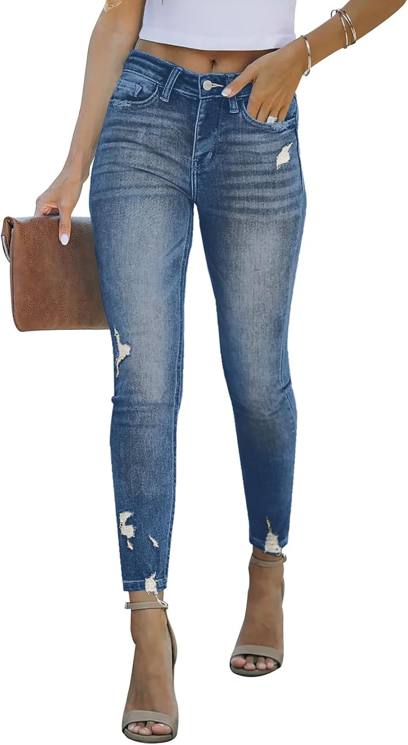 Women Mid Waisted Jeans Trendy Distressed Stretch Ripped Butt Lift Denim Pants (Pack of 2)