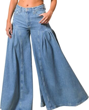 Women Bell Bottom Jeans High Waist Stretch Wide Leg Baggy Flared Pleated Vintage Casual Loose Denim Pants