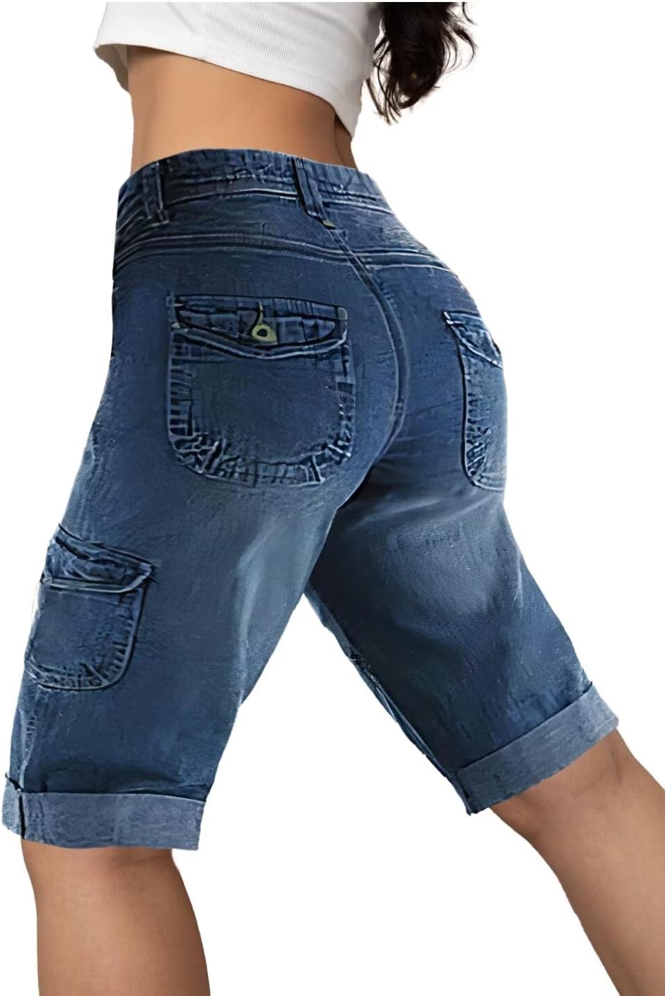 Women Bermuda Denim Straight Leg Shorts with Flap Pockets Mid Waist Casual Shorts Roll Hem