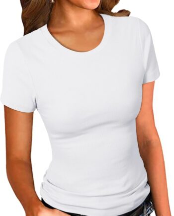 Women Crew Neck Ribbed Fitted Shirt Basic Short Sleeves Summer T Shirt Tops