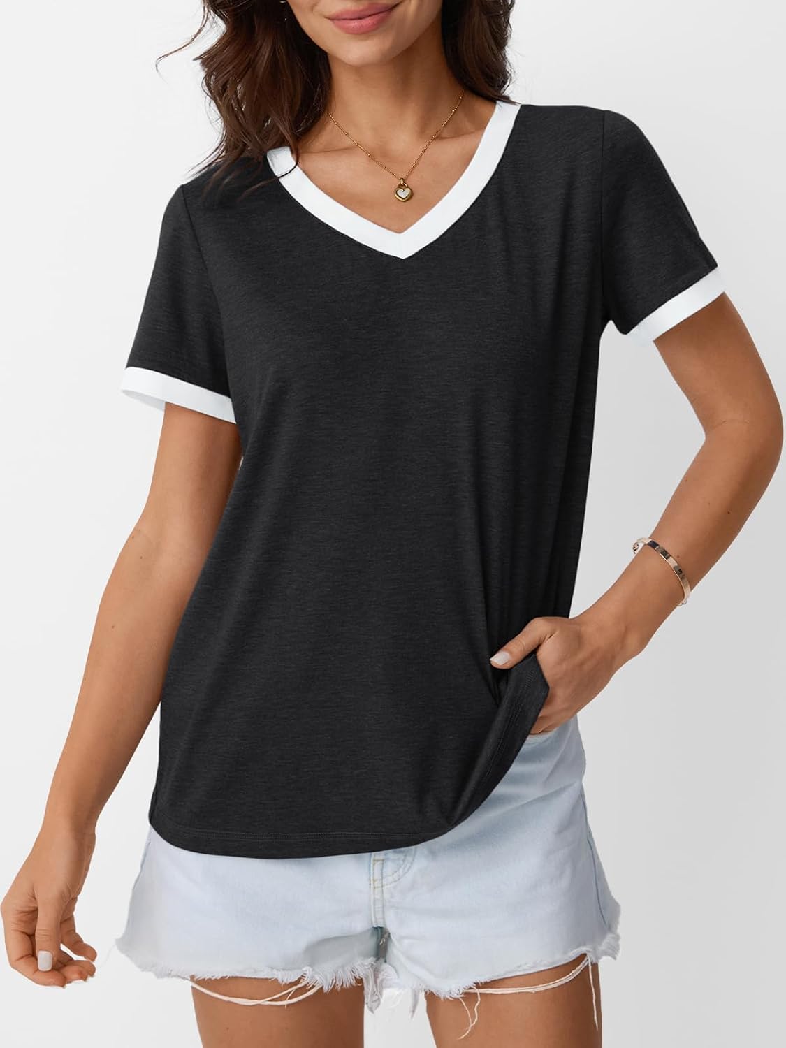 Women Short Sleeve T-Shirts Summer Tops Casual Soft Tunic V Neck Basic Workout Clothes Spring Fashion Outfits
