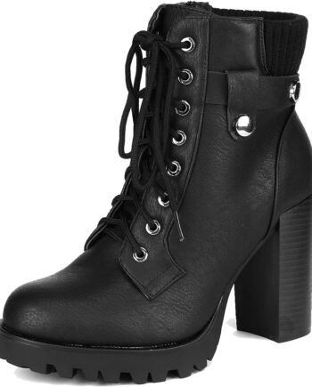 Women Lace up Combat Ankle Boots High Chunky Heel Fashion Heeled Booties Shoes
