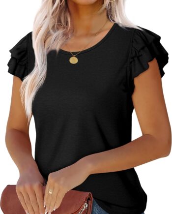 Women T Shirts Ruffle Short Sleeve Summer Tops Cute Crew Neck Casual Blouses