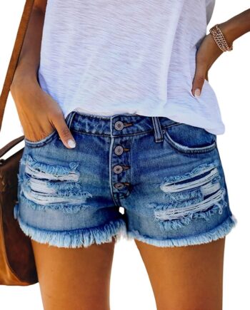 Women Ripped Denim Jean Shorts Mid Rise Summer Hot Raw Hem Casual Shorts