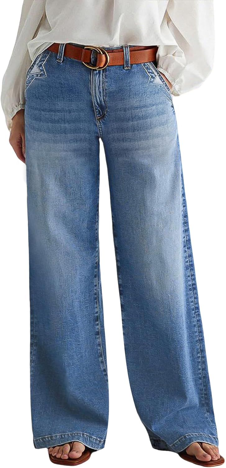 Wide Leg Jeans for Women Mid Waist Baggy Stitch Decor Denim Washed Pants Without Belt