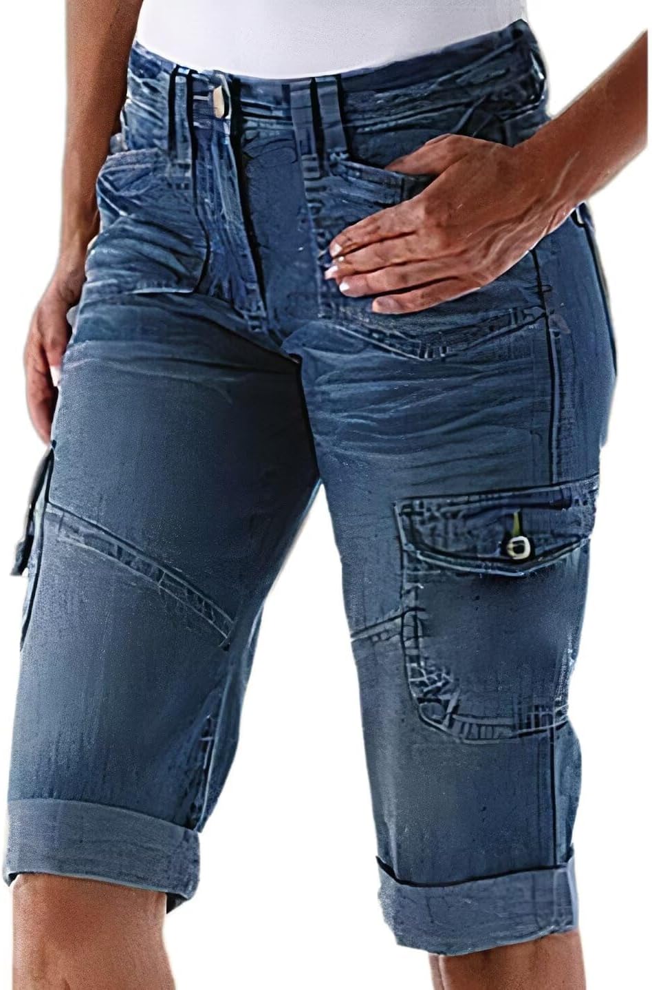 Women Bermuda Denim Straight Leg Shorts with Flap Pockets Mid Waist Casual Shorts Roll Hem