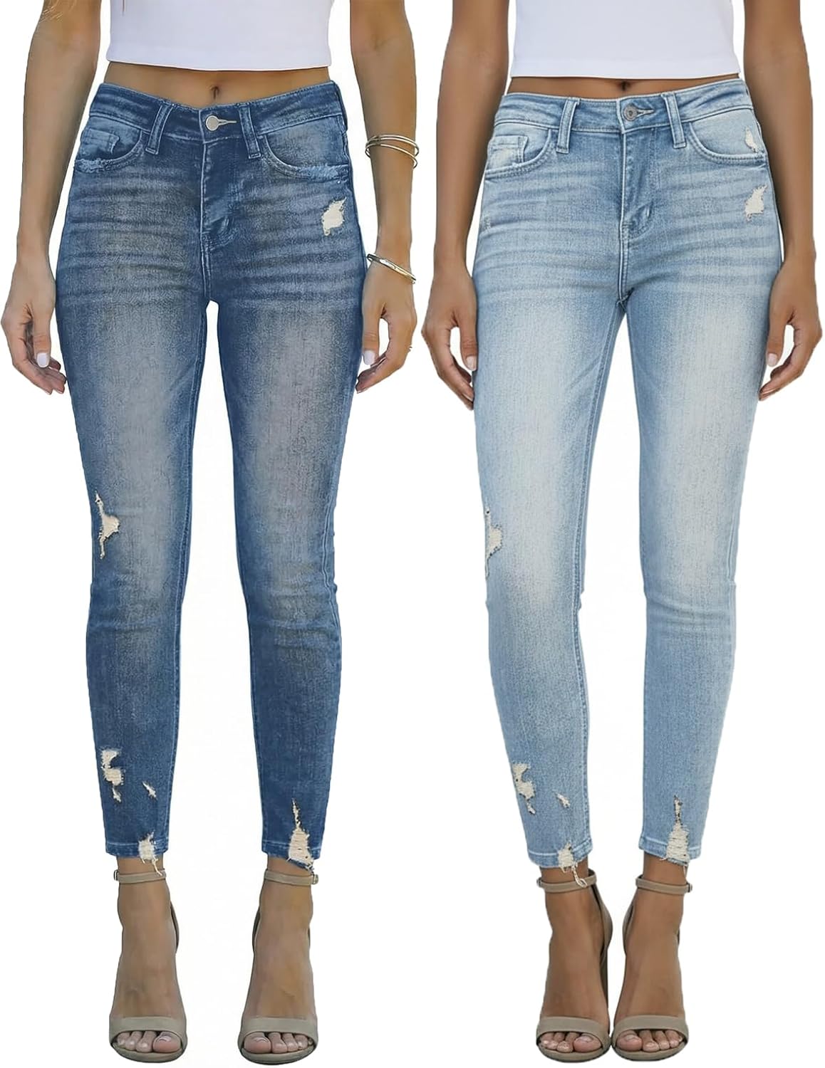 Women Mid Waisted Jeans Trendy Distressed Stretch Ripped Butt Lift Denim Pants (Pack of 2)