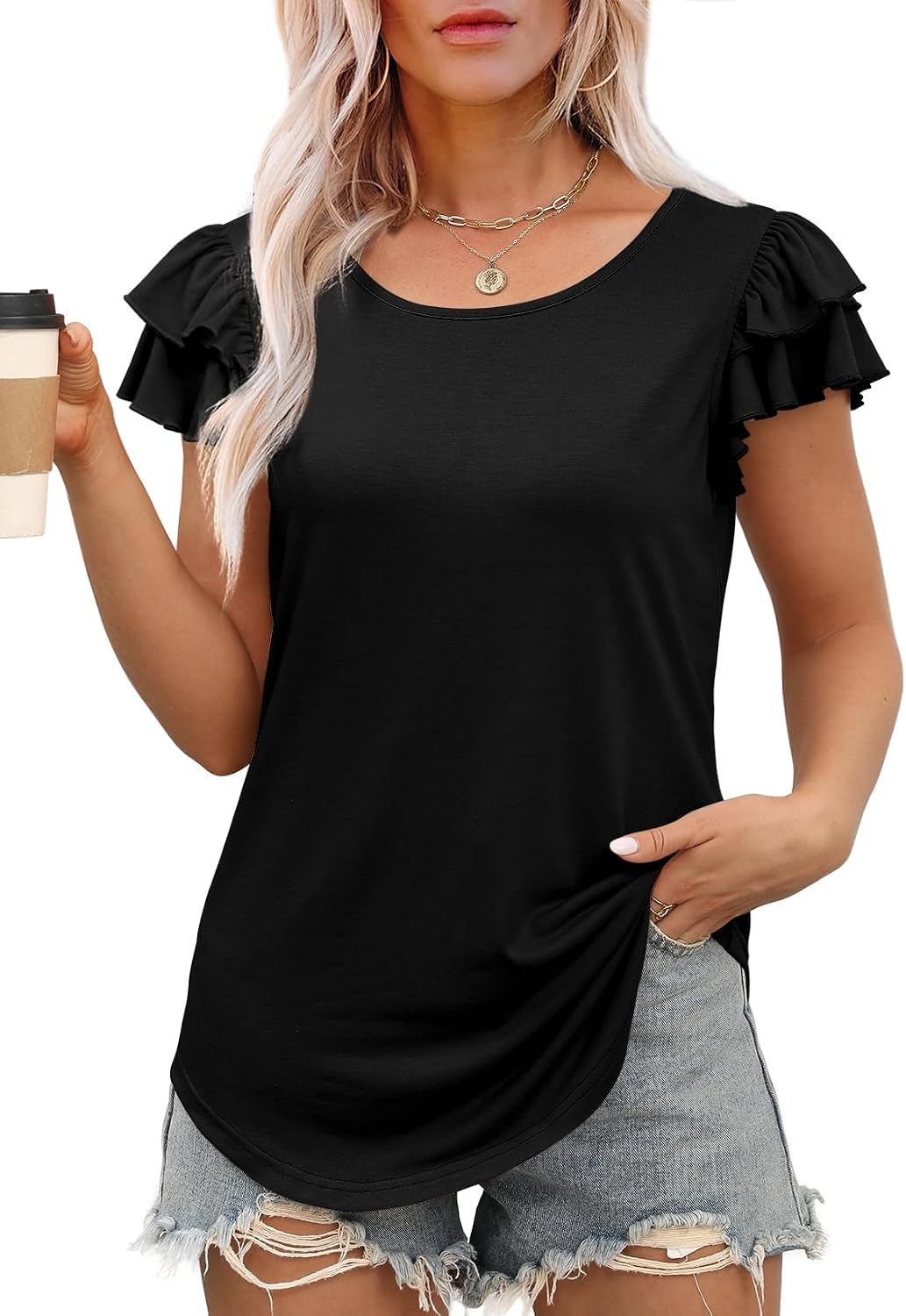 Women T Shirts Ruffle Short Sleeve Summer Tops Cute Crew Neck Casual Blouses
