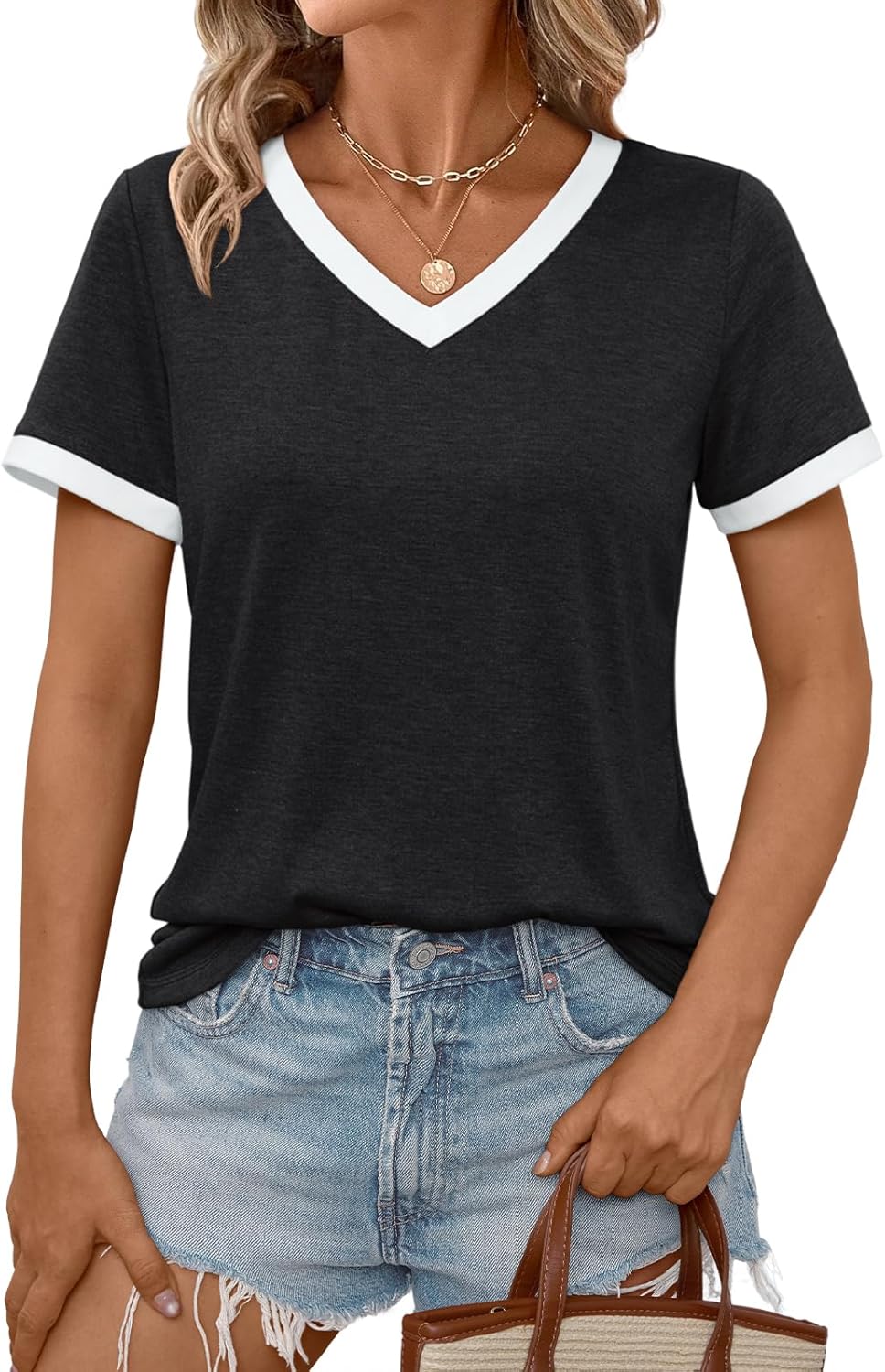 Women Short Sleeve T-Shirts Summer Tops Casual Soft Tunic V Neck Basic Workout Clothes Spring Fashion Outfits
