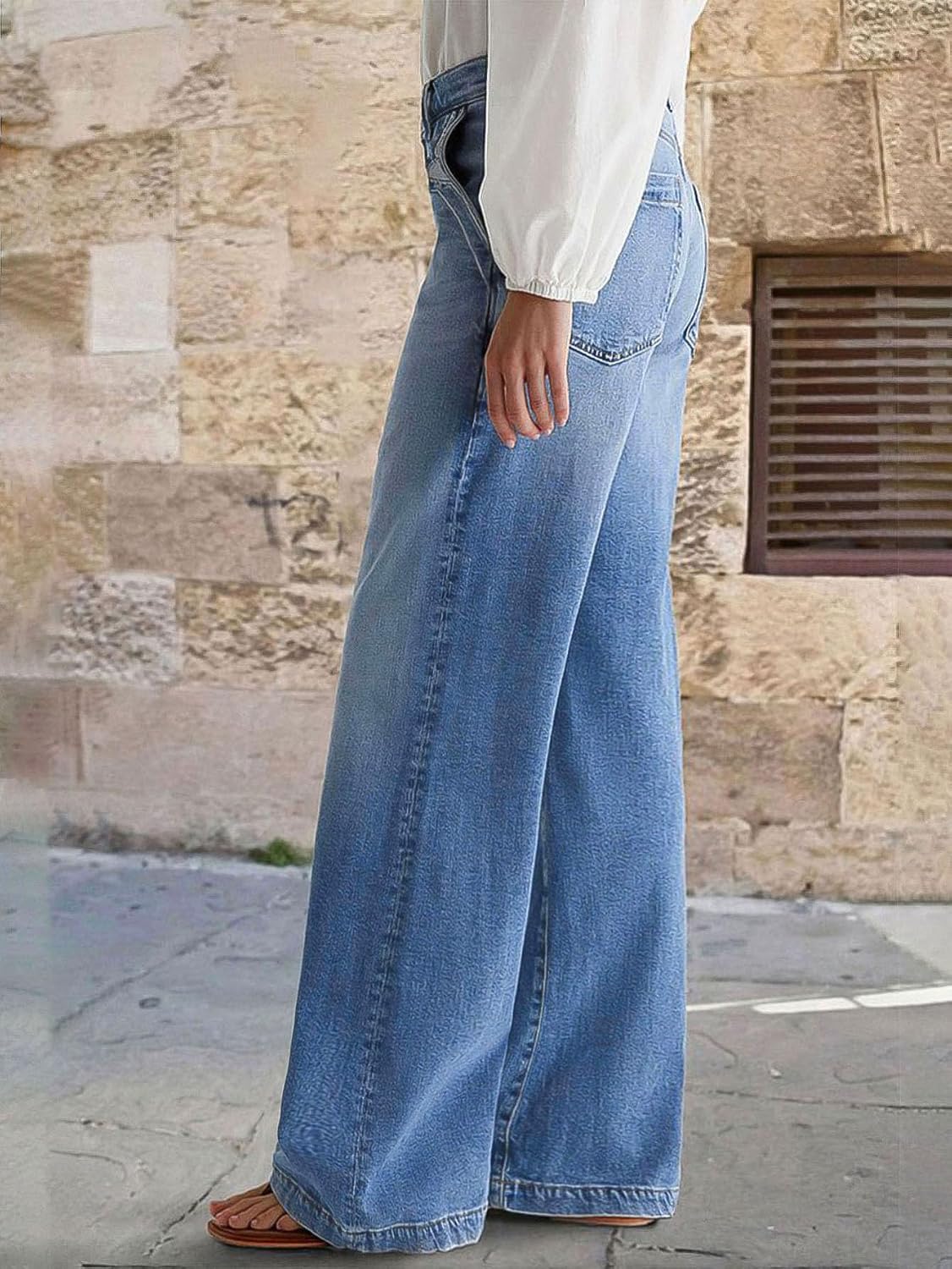 Wide Leg Jeans for Women Mid Waist Baggy Stitch Decor Denim Washed Pants Without Belt