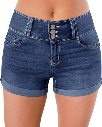 Women High Waisted Stretchy Denim Shorts Cuffed Jean Shorts
