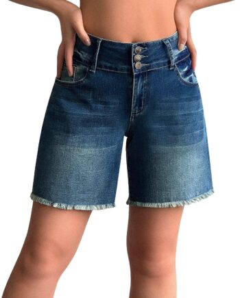 Women Stretchy Wide Leg High Waisted Frayed Hem Long Jean Shorts