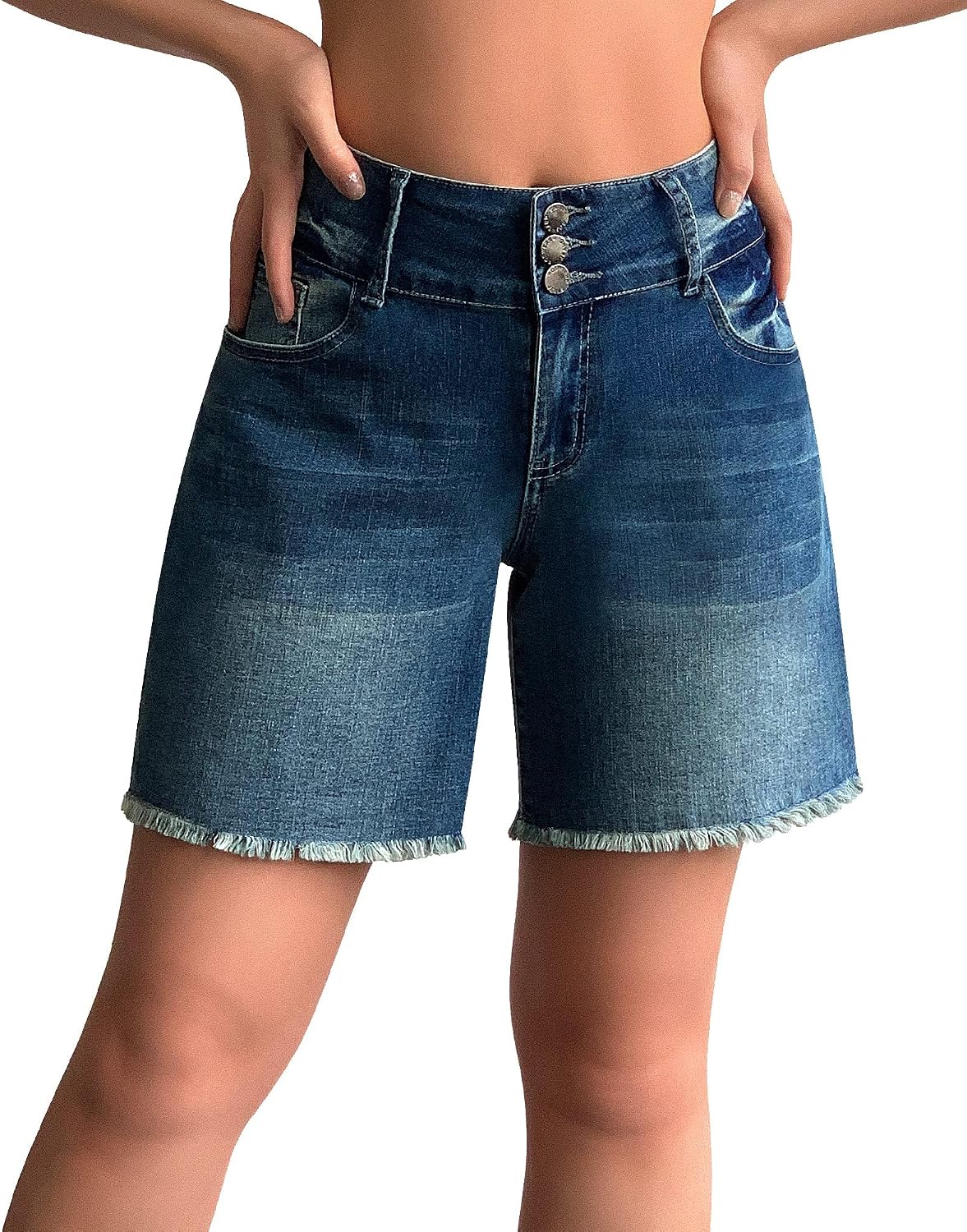 Women Stretchy Wide Leg High Waisted Frayed Hem Long Jean Shorts
