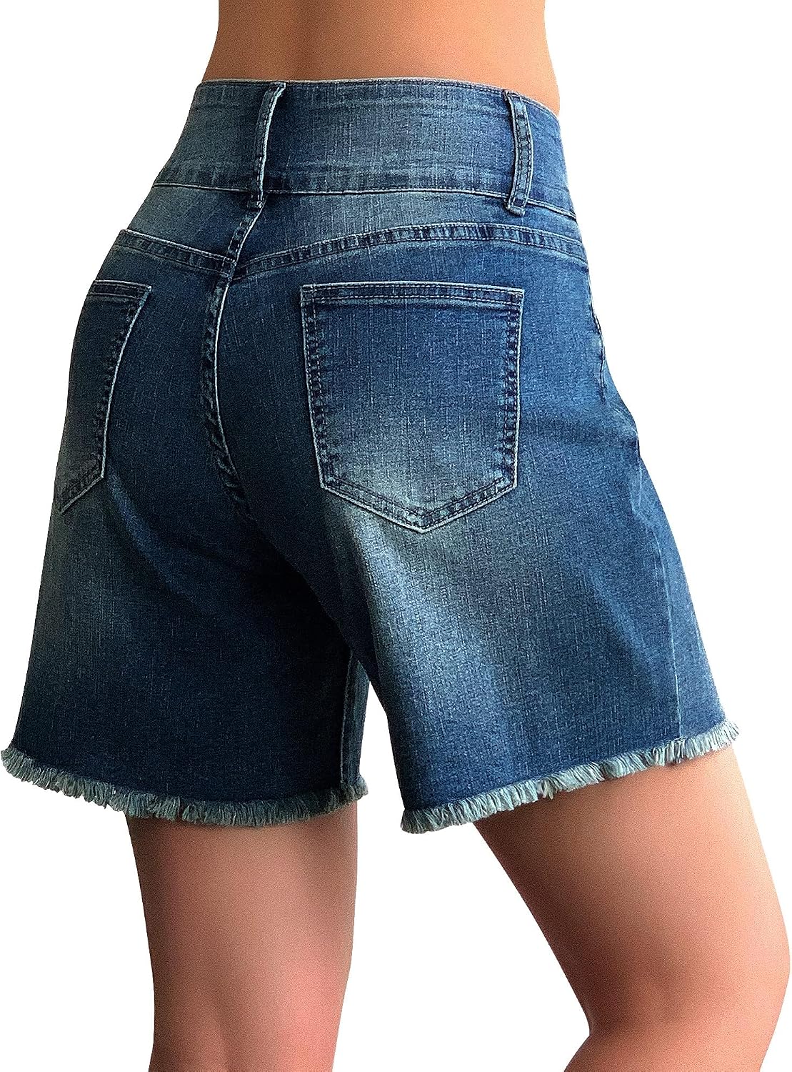 Women Stretchy Wide Leg High Waisted Frayed Hem Long Jean Shorts