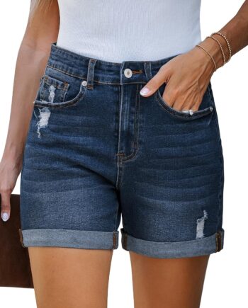 Jean Shorts Women Stretchy High Waisted Ripped Denim Shorts with Pockets Trendy Distressed Cut Off Shorts