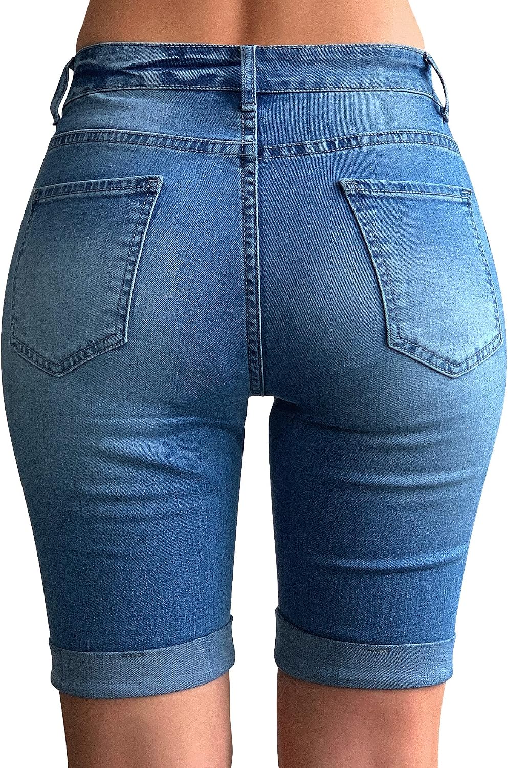 Women Mid Rise Roll Cuff Bermuda Stretch Denim Jean Shorts