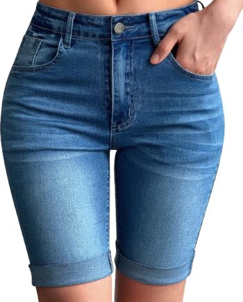 Women Mid Rise Roll Cuff Bermuda Stretch Denim Jean Shorts