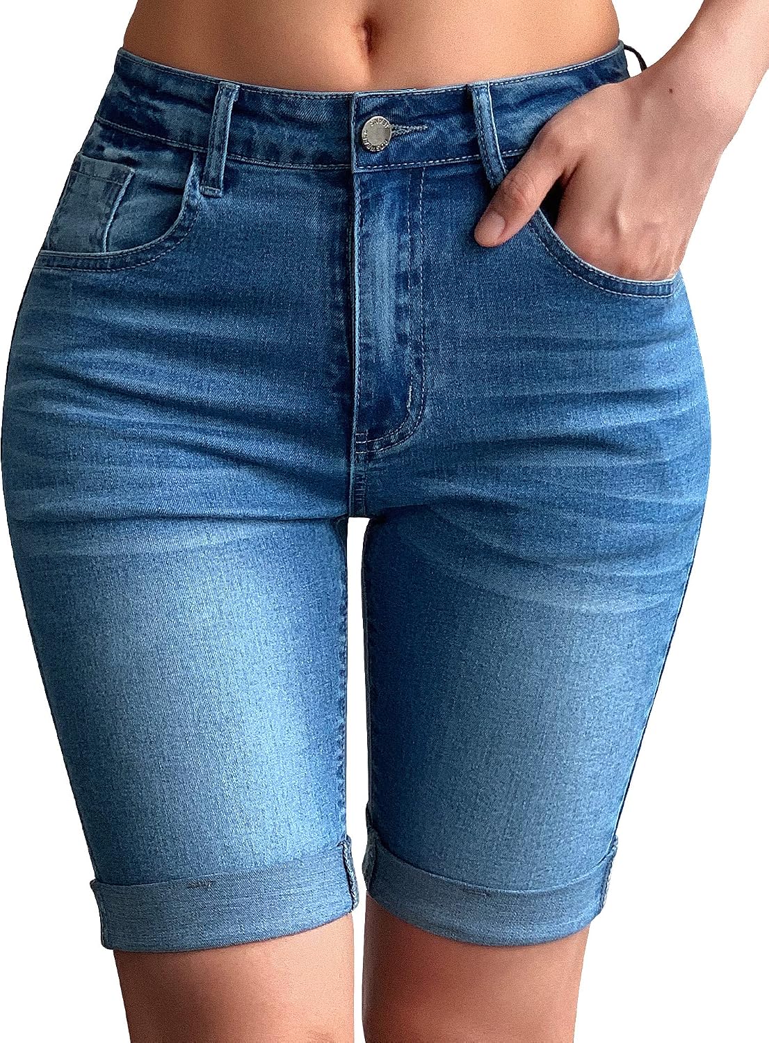 Women Mid Rise Roll Cuff Bermuda Stretch Denim Jean Shorts